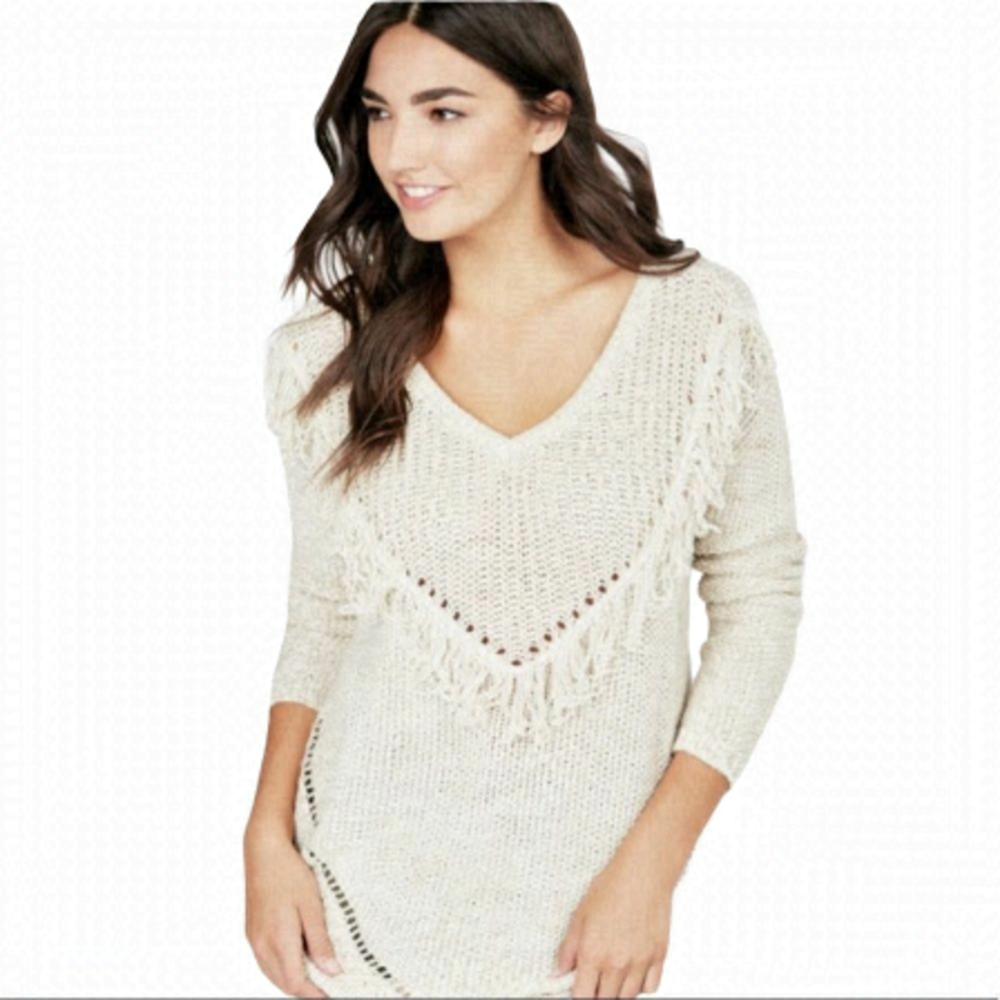 JUST Fab Marled Oatmeal Fringed V Neck Sweater Size S